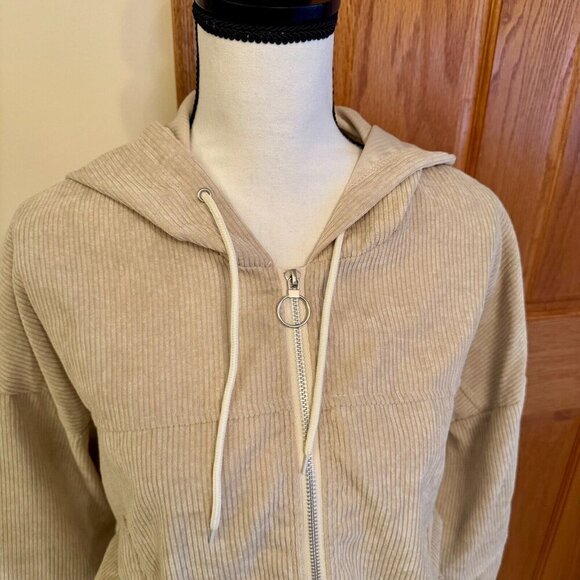 SHEIN Sz M Beige Corduroy Cropped Hooded L/S Jacket Zip Elastic Hem & Sleeves - Picture 2 of 9